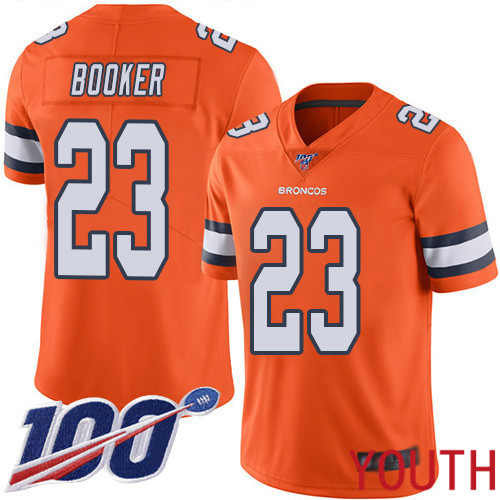 Youth Denver Broncos 23 Devontae Booker Limited Orange Rush Vapor Untouchable 100th Season Football NFL Jersey